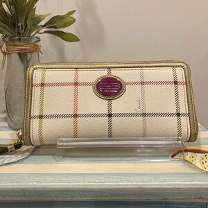 Coach Plaid Zip Around Wallet Cream Tattersall Gold Trim Large Wristlet Wallet
